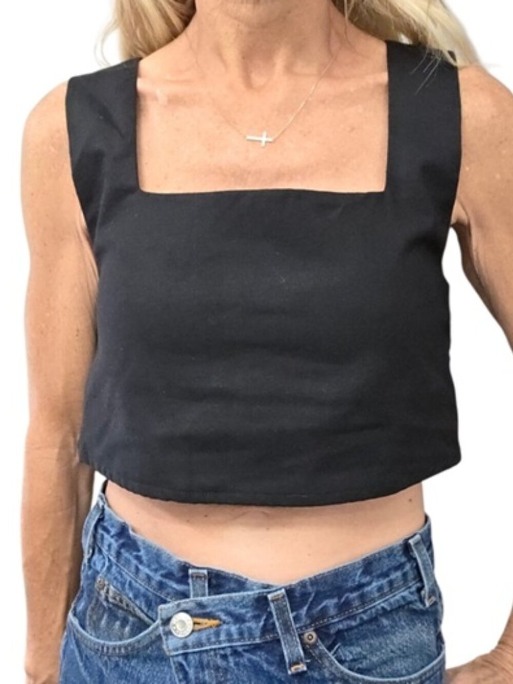 Kourt Black Linen Blend Square Neck Cropped Tank Top Small